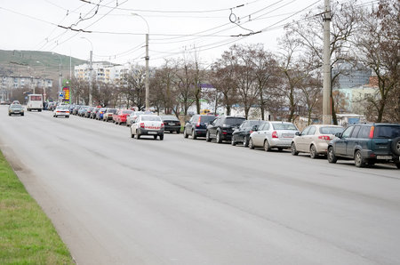 KERCH, CRIMEA, RUSSIA - NOVEMBER 26: Queue of cars at the gas station in Kerch during the blackout on November 26, 2015 in Kerch, Crimea, Russiaのeditorial素材