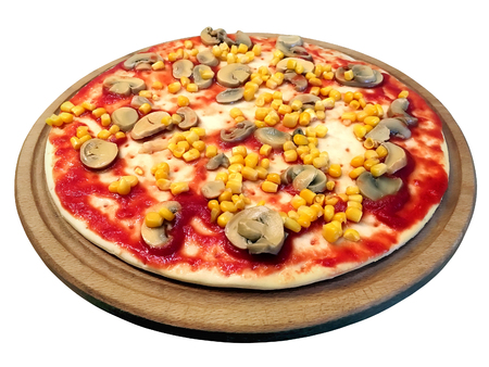 Delicious pizza with mushrooms, tomato, corn on a round board. Isolated on white backgroundの写真素材