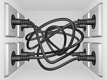 Tangled 3D electrical cable stuck in the socketの写真素材