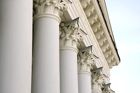 Classical portico and pediment of the building with columns. Ukraine, Lviv, the building of the...