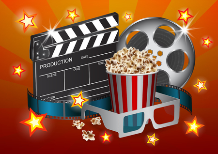 Vector illustration for the cinema - clapper, film tape, stereo glasses, box of popcorn and starのイラスト素材