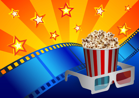 Vector illustration for the cinema - film tape, stereo glasses, box of popcorn and starのイラスト素材