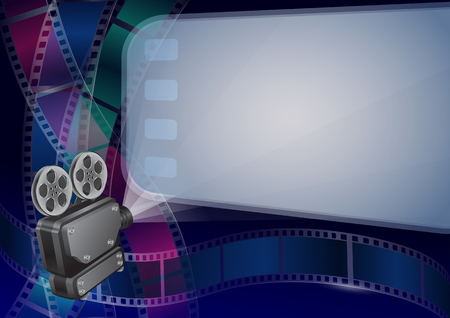 Vector illustration for the cinema -  Movie projector and movie screen, and cine-film on colorful backgroundのイラスト素材