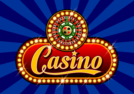 Advertising signboard Casino in vector: word "Casino", roulette, casino token (chips), card suits, stars and flare on a blue backgroundのイラスト素材