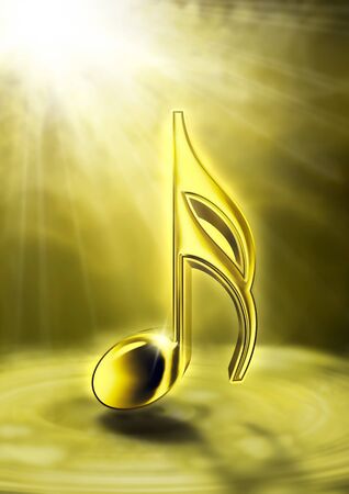 3D illustration - Golden musical note in the rays of lightの写真素材