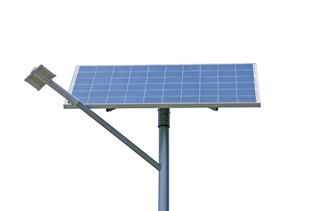 Solar battery generating electricity for street lights isolated on a white backgroundの写真素材