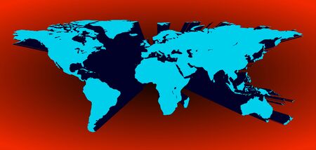 Blue 3d world map in vector on a red background illustration.のイラスト素材