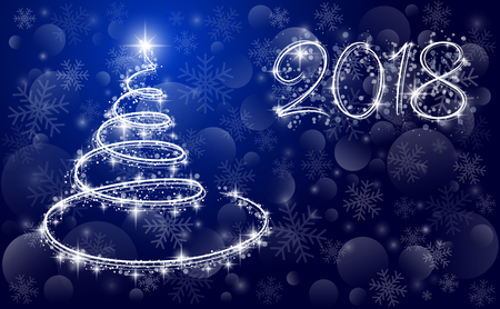 Template holiday card in vector - Christmas tree and inscription 2018 on a blue backgroundのイラスト素材