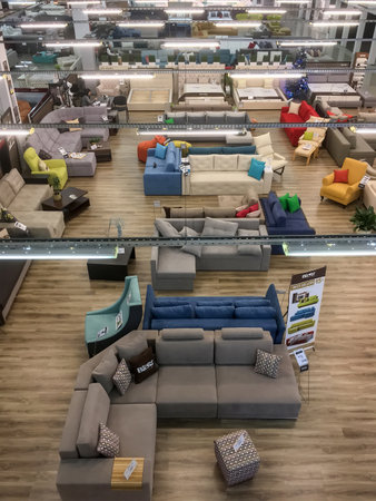 LVIV, UKRAINE - JANUARY 26: Interior of the supermarket for the sale of furniture in the shopping center "MARK", top view on January 26, 2017 in Lviv, Ukraineのeditorial素材