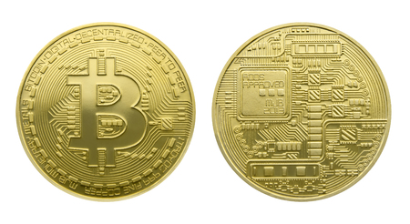 Two sides of a gold coins of Bitcoin, isolated over whiteの写真素材