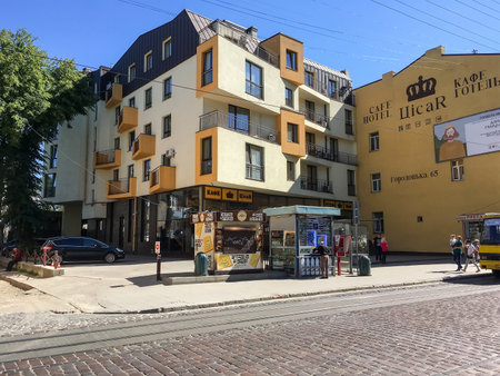 LVIV, UKRAINE - MAY 28: Beautiful cityscape - Residential house with interesting architecture in Lviv on May 28, 2018 in Lvov, Ukraineのeditorial素材