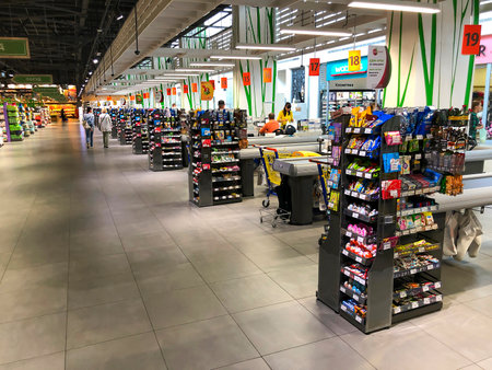 LVIV, UKRAINE - OCTOBER 16: Empty space in front of cash desks in a supermarket in a supermarket "Silpo" on October 16, 2019 in Lviv, Ukraineのeditorial素材