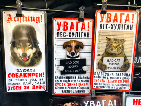 LVIV, UKRAINE - NOVEMBER 19: A sign saying caution angry dog for sale to tourists in a souvenir stall in the center of Lviv on November 19, 2019 in Lvov, Ukrainevのeditorial素材
