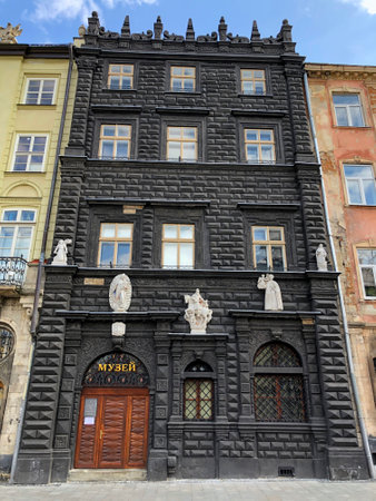 LVIV, UKRAINE - MARCH 17: Architecture landmark - the building of the historical museum Black Kamyanitsa on Market Square in Lviv on March 17, 2020 in Lvov, Ukraineのeditorial素材