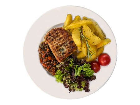 Chicken steak with fries on plate isolated on whiteの写真素材
