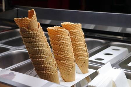 waffle cone in the stall with ice creamの写真素材