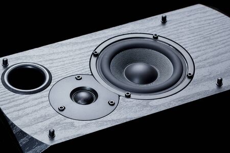black speaker with bass and treble speakersの写真素材