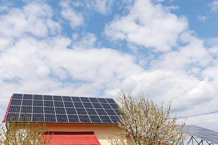 solar panels on the roof of a private houseの写真素材
