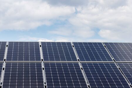 close-up view of solar panels on a background of blue sky