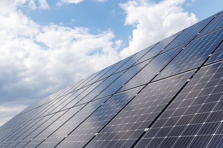 close-up view of solar panels on a background of blue sky