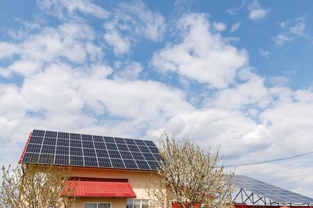 solar panels on the roof of a private houseの写真素材