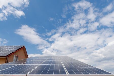 solar panels on the roof of a private houseの写真素材