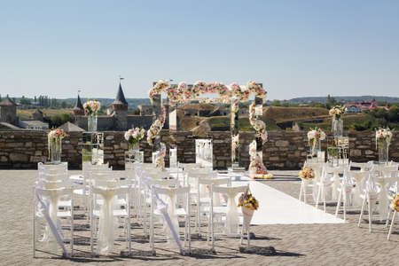 Wedding decoration of mirrors and flowers for the wedding ceremonyの写真素材