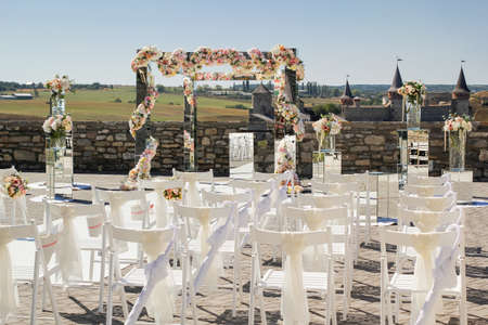 Wedding decoration of mirrors and flowers for the wedding ceremonyの写真素材