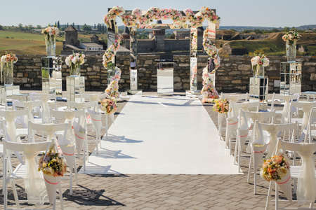 Wedding decoration of mirrors and flowers for the wedding ceremonyの写真素材