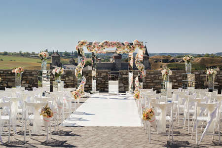 Wedding decoration of mirrors and flowers for the wedding ceremonyの写真素材