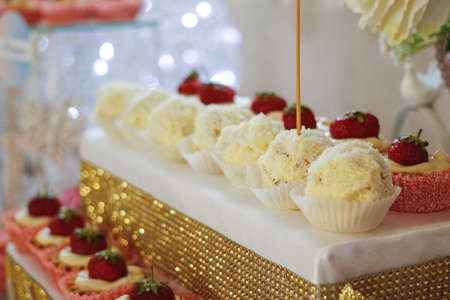 Delicious cakes on a tray selective focusの写真素材