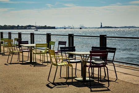 Chairs and desks on the pier.の写真素材