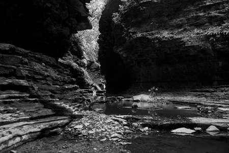 Black and white landscape of mountainous terrain, riverの写真素材