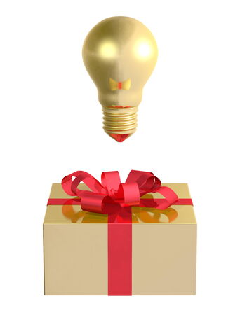 Golden light bulb above golden gift box with red bow isolated on white background  Front view  Idea for present conceptの写真素材