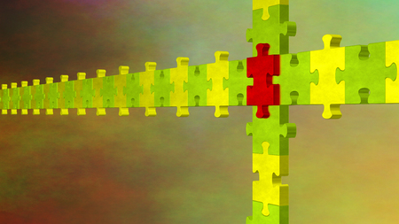 3d multicolor puzzle forming intersection on weird cloudy backgroundの写真素材