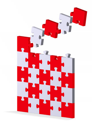Big 3d red and grey puzzle with flying missing pieces standing isolated on white, perspective viewの写真素材