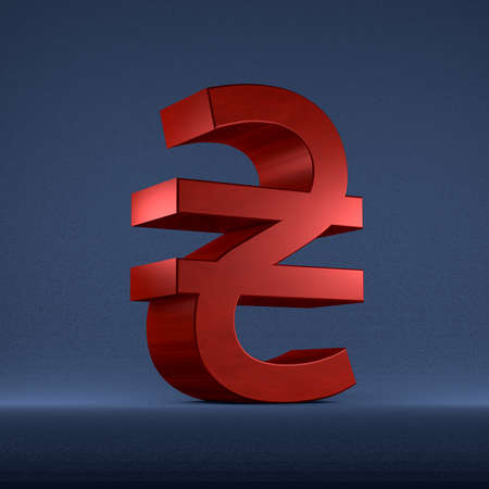 Red Ukrainian hryvnia sign on dark blue textured backgroundの写真素材