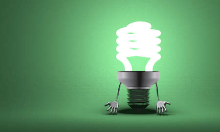 Discouraged glowing fluorescent light bulb character with hands which hang down on green textured backgroundの写真素材