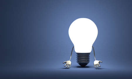 Discouraged glowing tungsten light bulb character with hands which hang down on blue textured...