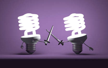 Glowing fluorescent light bulbs fighting duel with swords on violet textured background
