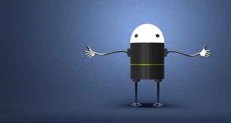 Welcoming robot with glowing head, black plastic body, metallic arms and legs on blue textured backgroundの写真素材