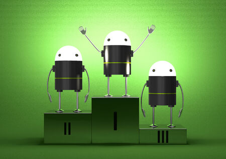 Robots with glowing heads on podium on green textured backgroundの写真素材