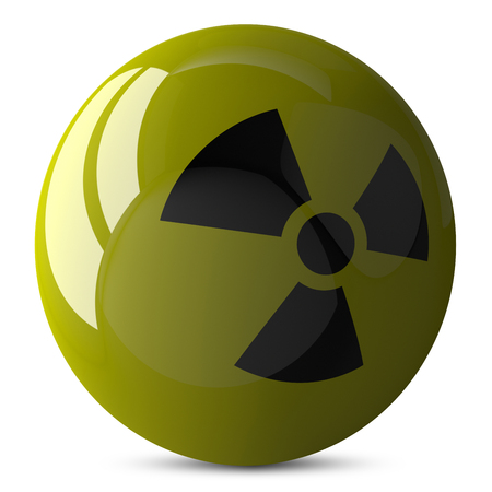 Yellow shiny sphere with radiation sign, 3d render isolated on whiteの写真素材