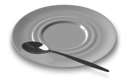 Spoon lying on glossy white saucer isolated on whiteの写真素材
