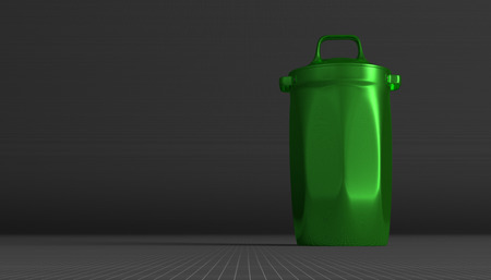 Green glossy rubbish bin on gray squared backgroundの写真素材