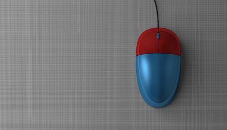 Blue and red computer mouse on gray background, top view with copy spaceの写真素材