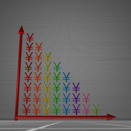 Multicolor glossy bar chart of yuans showing decrease, standing on gray backgroundの写真素材