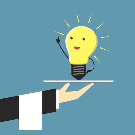 Serving light bulb character standing on plate in moment of insight    のイラスト素材
