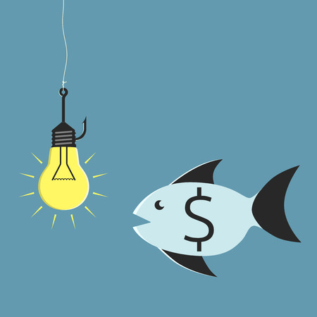 Glowing lightbulb on fishing hook and fish with dollar sign looking at it. Idea and investment concept   のイラスト素材