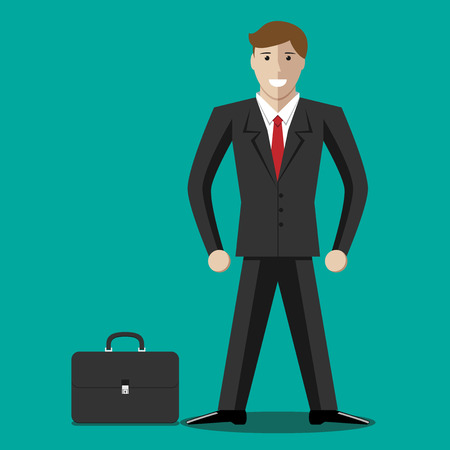 Successful handsome young businessman character and briefcase standing near him on floor. EPS 10 vector illustration no transparencyのイラスト素材